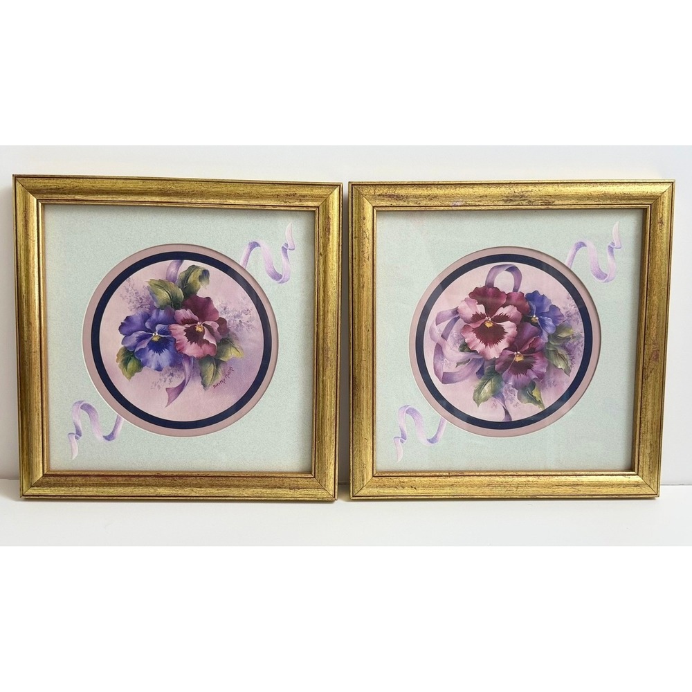 Vintage Dorothy Mullins Pansy Floral Art Prints Gold Framed Set of 2 10x10